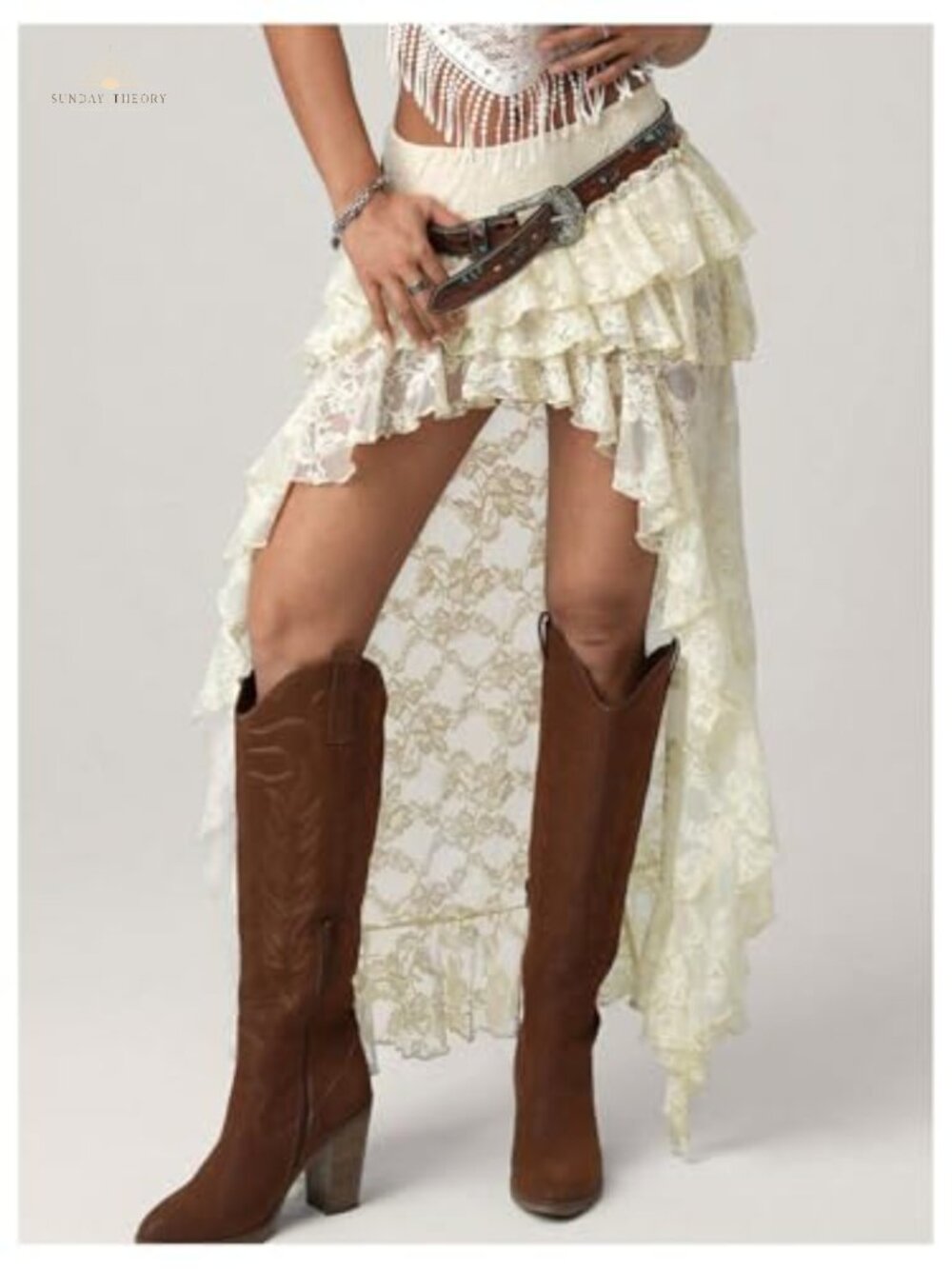 Boho Lace Asymmetrical Maxi Skirt Western Cowgirl Drop Waist - Picture 4 of 5